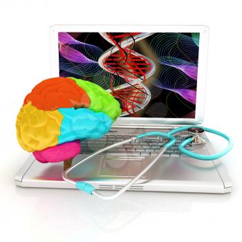 Laptop, brain and Stethoscope. 3d illustration