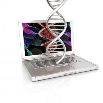 Laptop with dna medical model background on laptop screen. 3d illustration