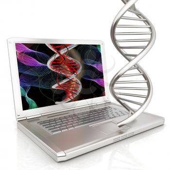 Laptop with dna medical model background on laptop screen. 3d illustration