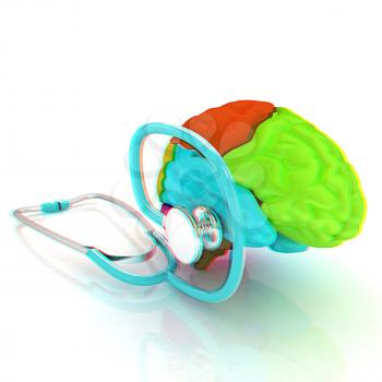 stethoscope and brain. 3d illustration. Anaglyph. View with red/cyan glasses to see in 3D.