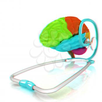 stethoscope and brain. 3d illustration. Anaglyph. View with red/cyan glasses to see in 3D.