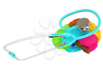 stethoscope and brain. 3d illustration. Anaglyph. View with red/cyan glasses to see in 3D.