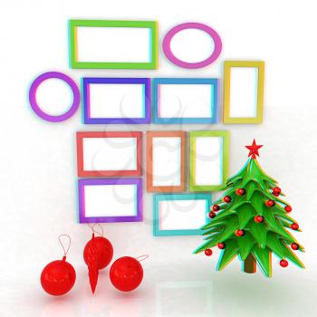 Set of Christmas and New Year frames and Christmas tree. 3D render. Anaglyph. View with red/cyan glasses to see in 3D.