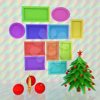 Set of Christmas and New Year frames and Christmas tree. 3D render. Anaglyph. View with red/cyan glasses to see in 3D.