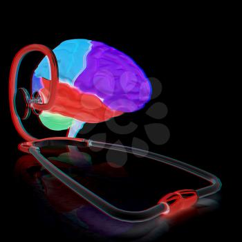 stethoscope and brain. 3d illustration. Anaglyph. View with red/cyan glasses to see in 3D.