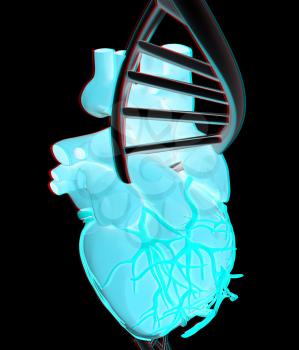 DNA and heart. 3d illustration. Anaglyph. View with red/cyan glasses to see in 3D.