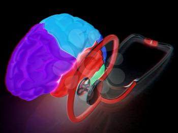 stethoscope and brain. 3d illustration. Anaglyph. View with red/cyan glasses to see in 3D.
