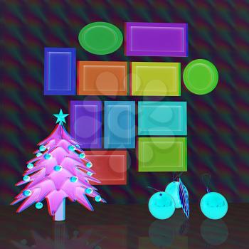 Set of Christmas and New Year frames and Christmas tree. 3D render. Anaglyph. View with red/cyan glasses to see in 3D.