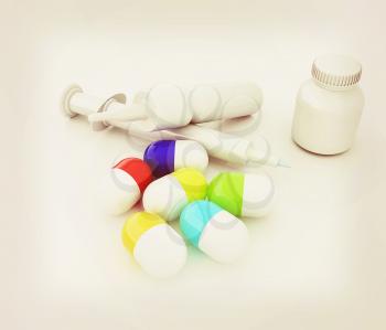 Syringe, tablet, pill jar. 3D illustration