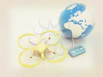 Quadrocopter Drone with Earth Globe and remote controller on a white background. 3d illustration