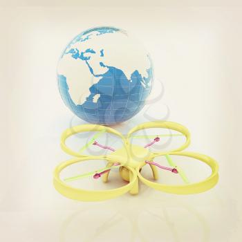 Quadrocopter Drone with Earth Globe and remote controller on a white background. 3d illustration