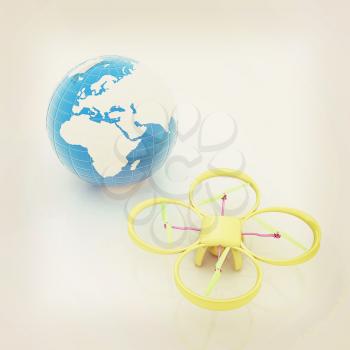 Quadrocopter Drone with Earth Globe and remote controller on a white background. 3d illustration