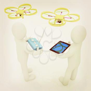 3d white people. Man flying a white drone with camera. 3D render