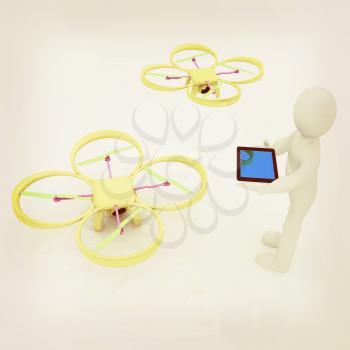 3d white people. Man flying a white drone with camera. 3D render