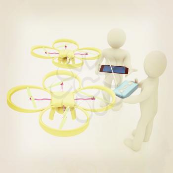 3d white people. Man flying a white drone with camera. 3D render