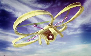 Drone, quadrocopter, with photo camera against the sky. 3D illustration