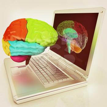 creative three-dimensional model of real human brain and scan on a digital laptop. 3d render