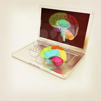 creative three-dimensional model of real human brain and scan on a digital laptop. 3d render