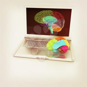 creative three-dimensional model of real human brain and scan on a digital laptop. 3d render