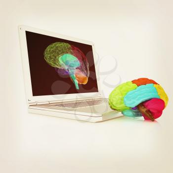 creative three-dimensional model of real human brain and scan on a digital laptop. 3d render