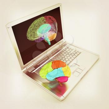 creative three-dimensional model of real human brain and scan on a digital laptop. 3d render