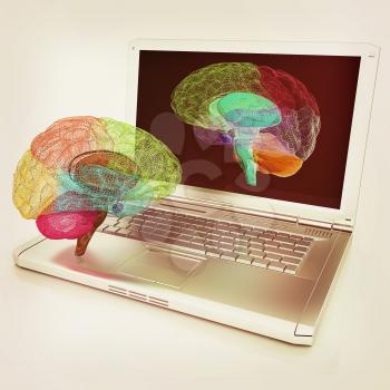 creative three-dimensional model of real human brain and scan on a digital laptop. 3d render