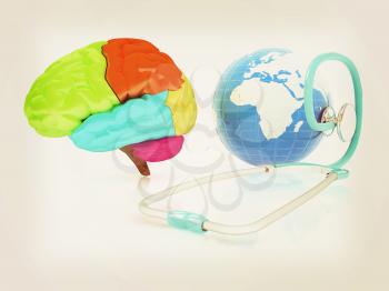 stethoscope, globe, brain - global medical concept. 3d illustration