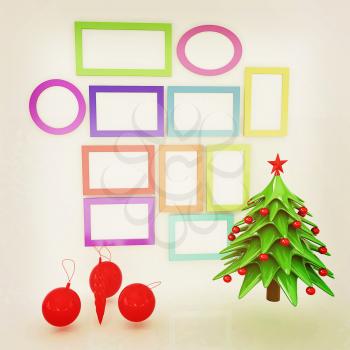 Set of Christmas and New Year frames and Christmas tree. 3D render