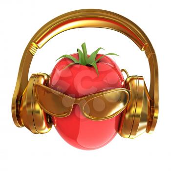 tomato with sun glass and headphones front face on a white background. 3D illustration