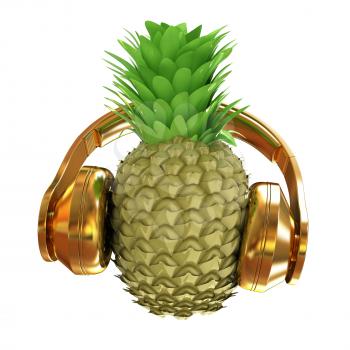 Fashion gold pineapple with headphones listens to music. 3d illustration