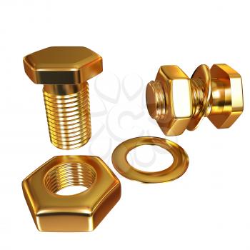 Gold Bolt with nut. 3d illustration