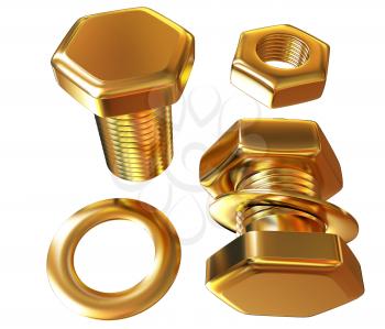 Gold Bolt with nut. 3d illustration