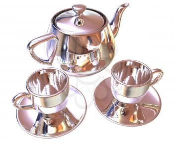 Chrome Teapot and mugs. 3d illustration