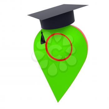 Geo pin with graduation hat on white. School sign, geolocation and navigation. 3d illustration