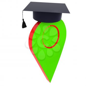 Geo pin with graduation hat on white. School sign, geolocation and navigation. 3d illustration