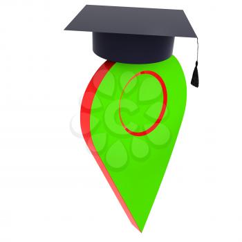 Geo pin with graduation hat on white. School sign, geolocation and navigation. 3d illustration