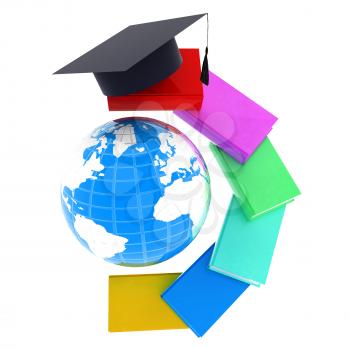 Earth of education with books around and graduation hat. Global Education. 3d illustration