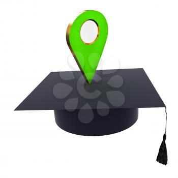 Geo pin with graduation hat on white. School sign, geolocation and navigation. 3d illustration