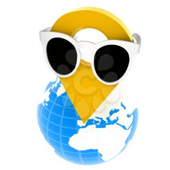 Glamour map pointer in sunglasses on Earth. 3d illustration