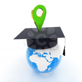 Geo pin with graduation hat on white. School sign, geolocation and navigation. 3d illustration