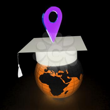 Geo pin with graduation hat on white. School sign, geolocation and navigation. 3d illustration