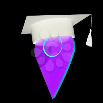 Geo pin with graduation hat on white. School sign, geolocation and navigation. 3d illustration