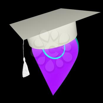 Geo pin with graduation hat on white. School sign, geolocation and navigation. 3d illustration