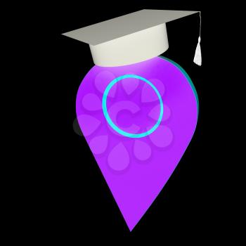 Geo pin with graduation hat on white. School sign, geolocation and navigation. 3d illustration