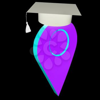 Geo pin with graduation hat on white. School sign, geolocation and navigation. 3d illustration