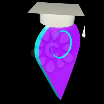 Geo pin with graduation hat on white. School sign, geolocation and navigation. 3d illustration