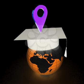 Geo pin with graduation hat on white. School sign, geolocation and navigation. 3d illustration