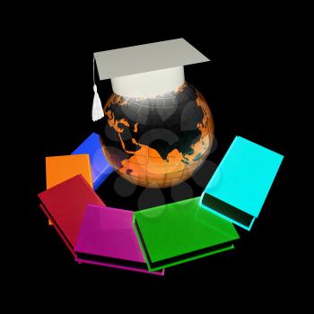 Earth of education with books around and graduation hat. Global Education. 3d illustration