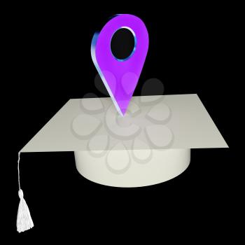 Geo pin with graduation hat on white. School sign, geolocation and navigation. 3d illustration