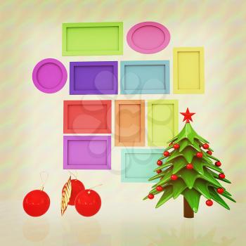 Set of Christmas and New Year frames and Christmas tree. 3D render. Vintage style